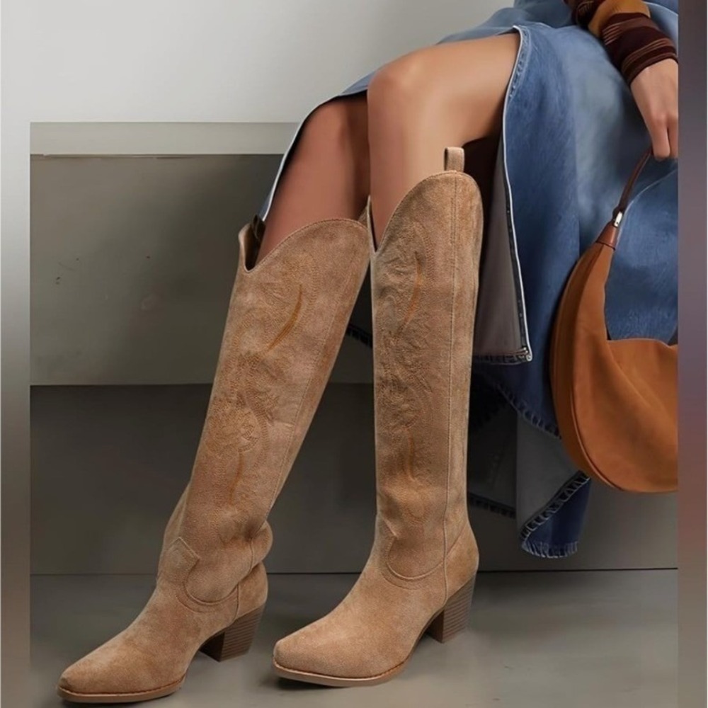 VBDB Womens Beige Faux Suede Western Cowboy‎ Knee High Boots Size 8.5 NEW